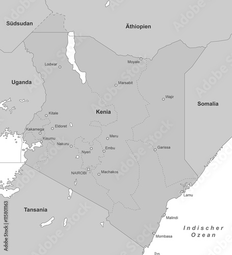 Kenia Karte - Grau (detailliert)