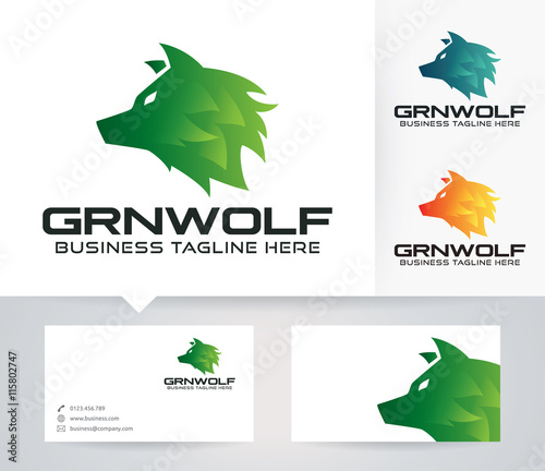 Green Wolf vector logo with alternative colors and business card template