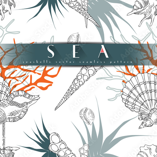 Seashells vector seamless pattern with algae, orange coral in different forms white background. Sea life, underwater isolated hand drawn concept illustration, line art.