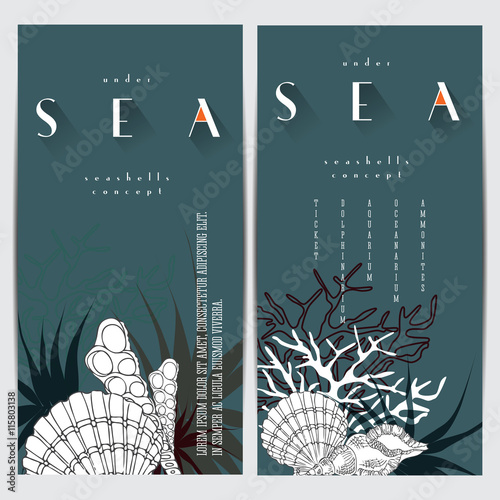 Sea life concept design, seashells vector line art composition with corals, algae and text. Coral reef graphic design card on turquoise background with sea logo.