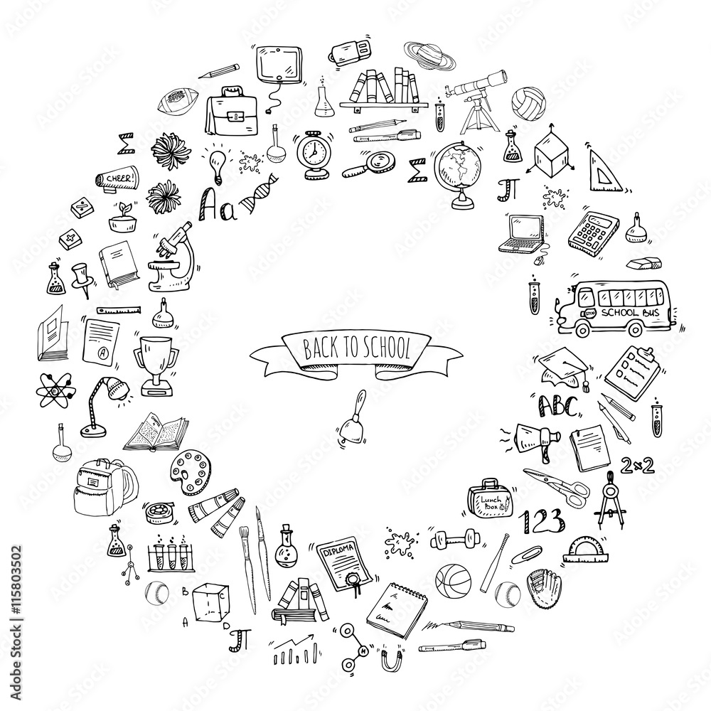 Fototapeta premium Hand drawn doodle Back to school icons set Vector illustration educational symbols collection Cartoon various learning elements: Laptop; Lunch box; Bag; Microscope; Telescope; Books; Pencil Sketch bus