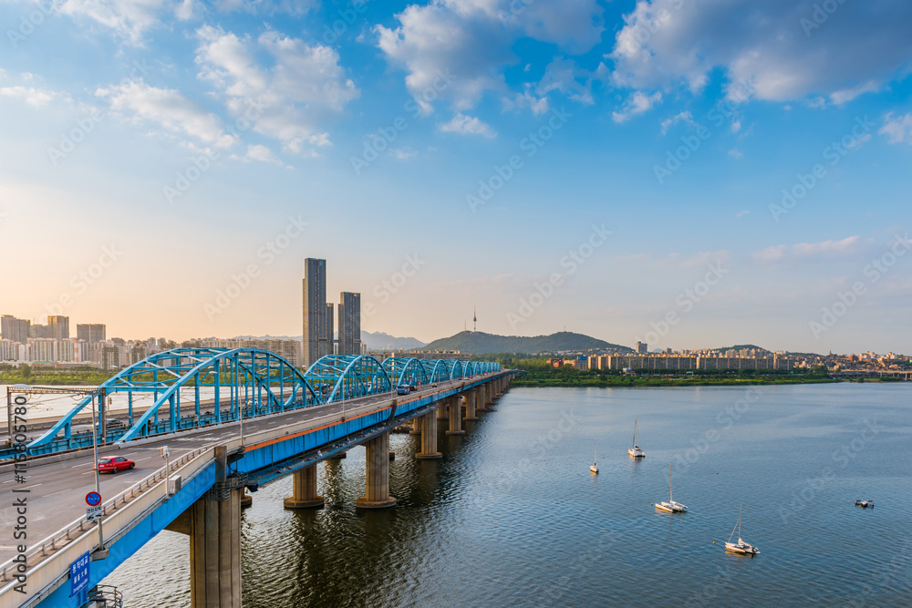 Sunset of Dongjak Bridge and Han river in Seoul City ,South kore