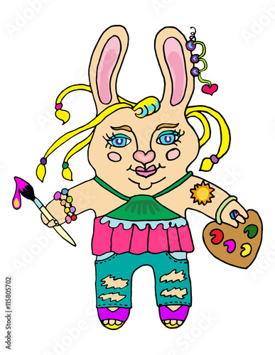 Little colorful cute rabbit girl artist with brush and palette paint cartoon character on isolated white background print pattern card vector illustration
