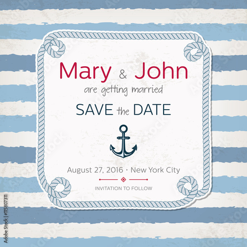 Vintage marine wedding invitation. Nautical design. Beach party invitation. Sea style wedding. Save the date.