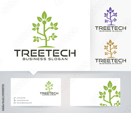 Tree Tech vector logo with alternative colors and business card template