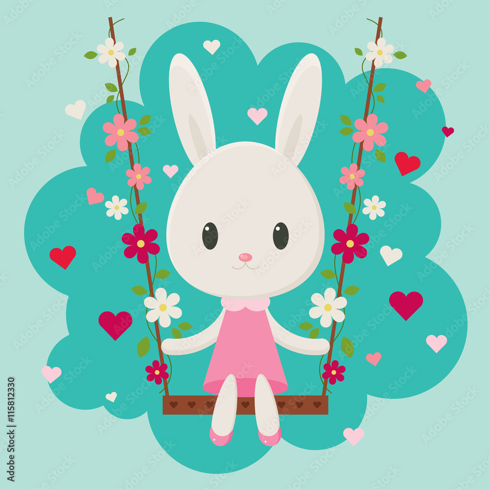 Fototapeta premium Cute cartoon bunny sitting on a floral swing