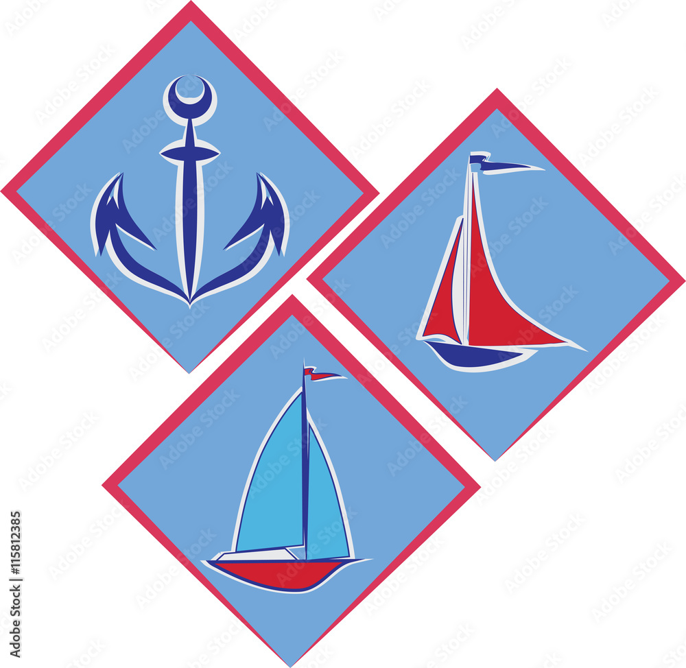 Marine emblem.Vector. Three emblem. Anchor and sailboats on a blue background. Marine emblem.Vector. Three emblem. Anchor and sailboats on a blue background.