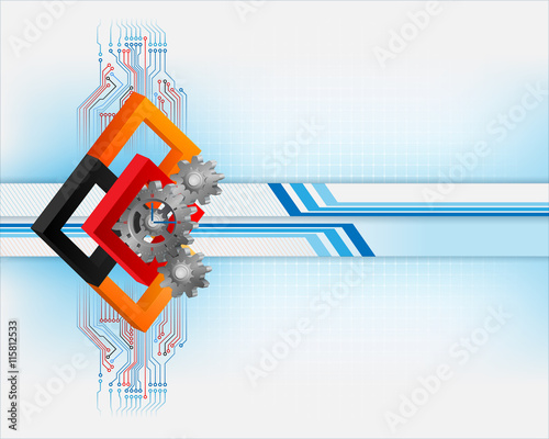 Abstract background with a generic clock attached on gears in front of 3d squares and integrated circuits