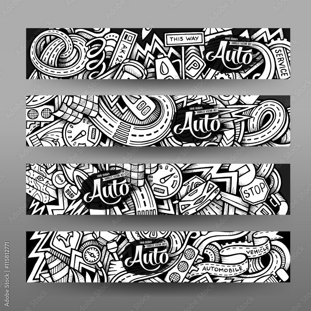 Graphics vector hand-drawn sketchy trace Automotive Doodle banners