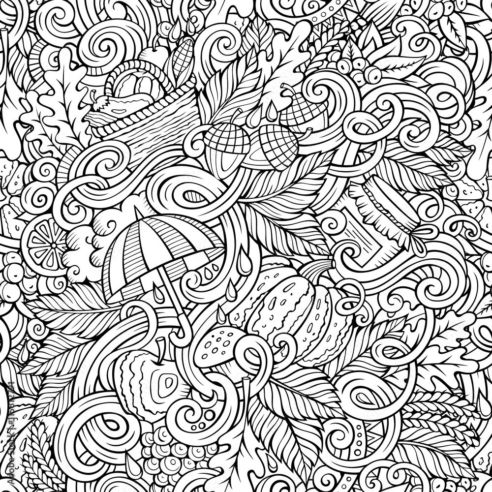Fototapeta premium Cartoon cute doodles autumn seamless pattern