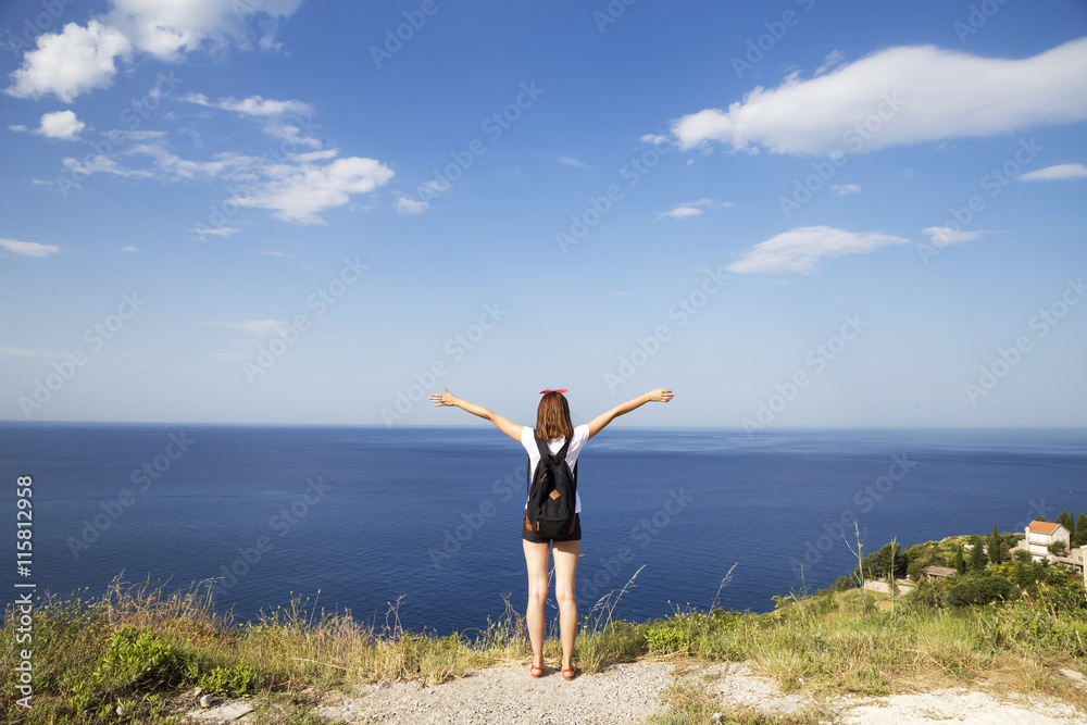 Hiker young woman on the beach, holiday feeling. Hiker young woman on the beach, holiday feeling.
