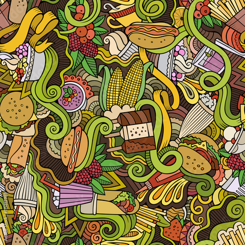 Cartoon hand-drawn doodles on the subject of fast food seamless pattern