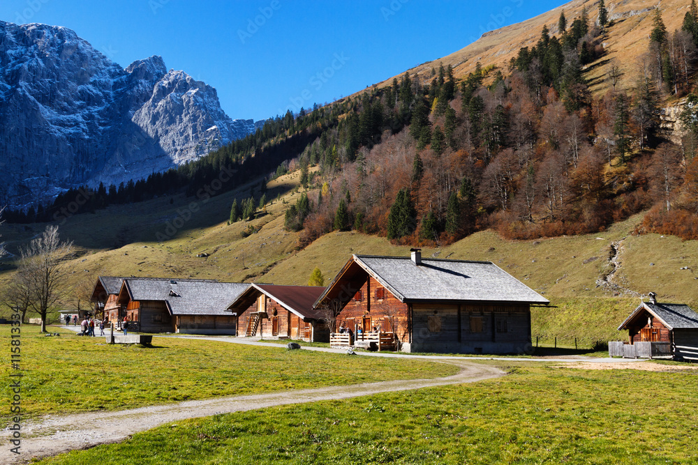 Autumn rural scenery of Engalm with alpine village Almdorf Eng, Tyrolean Karwendel Mountains, Austria,Tyrol.