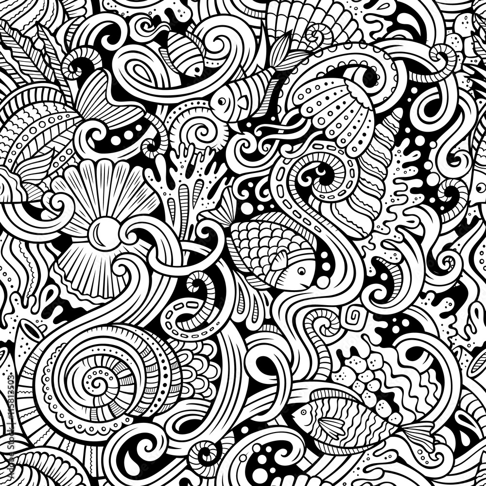Fototapeta premium Cartoon doodles under water life seamless pattern