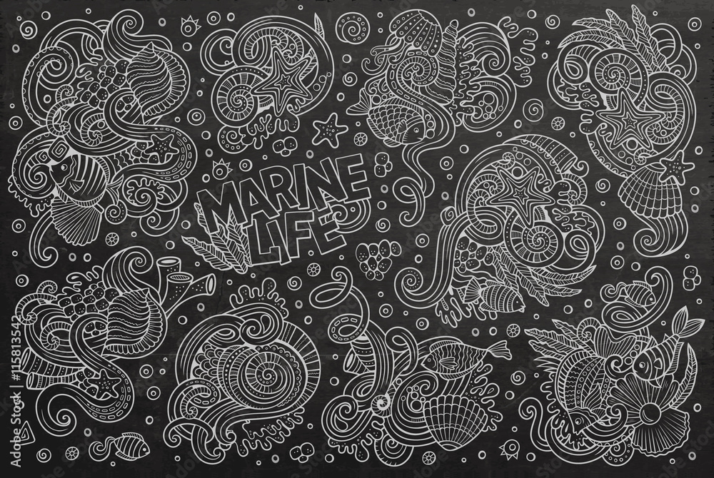 Line art set of marine life objects