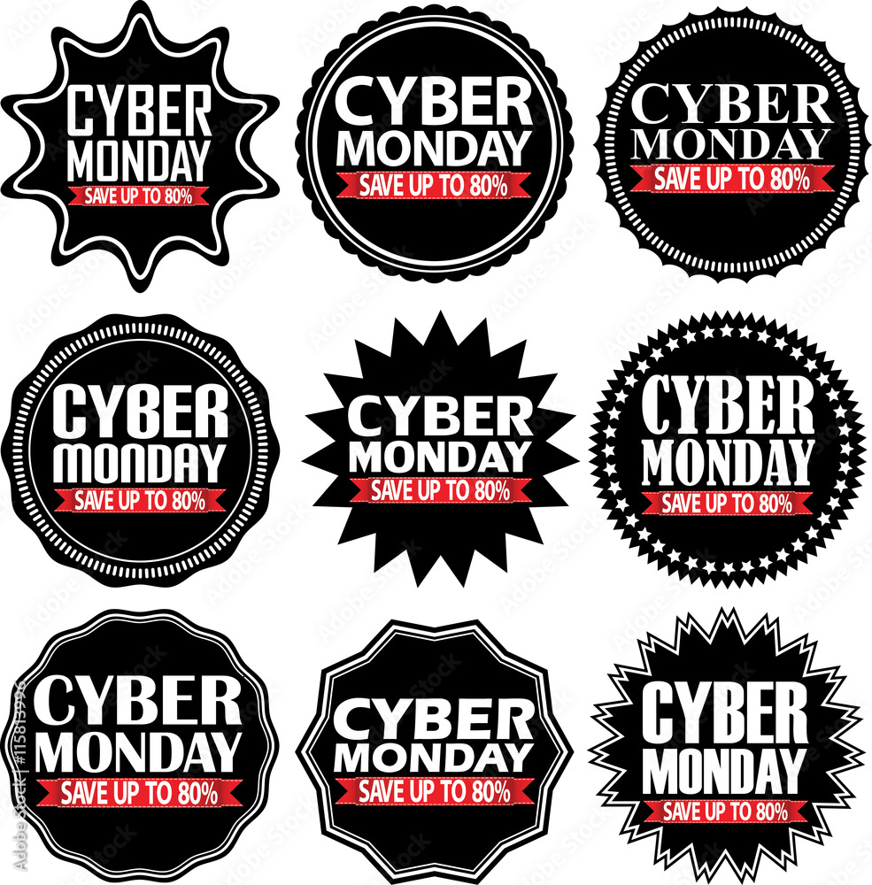 Fototapeta premium Cyber monday save up to 80% black signs set, vector illustratio