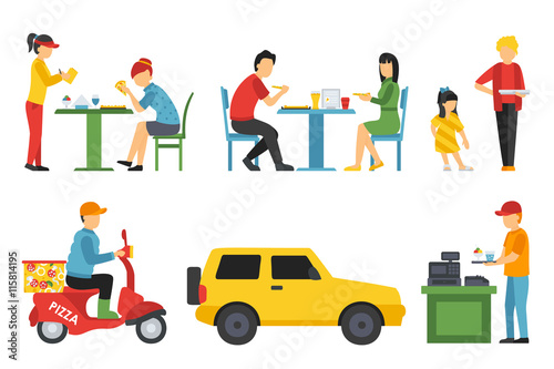 People in a Pizzeria interior flat icons set. Pizza concept web vector illustration. 