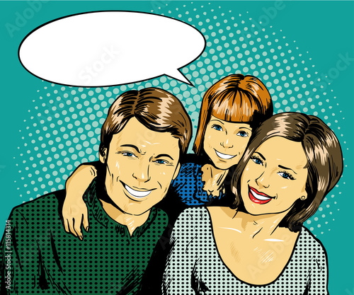 Happy family with kid. Vector illustration in retro comic pop art style.