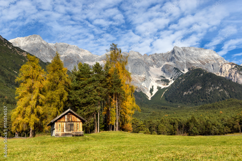 Autumn scenery of Miemenger Plateau with rocky mountains peaks in the background. Austria, Europe, Tyrol. Autumn scenery of Miemenger Plateau with rocky mountains peaks in the background. Austria, Europe, Tyrol.