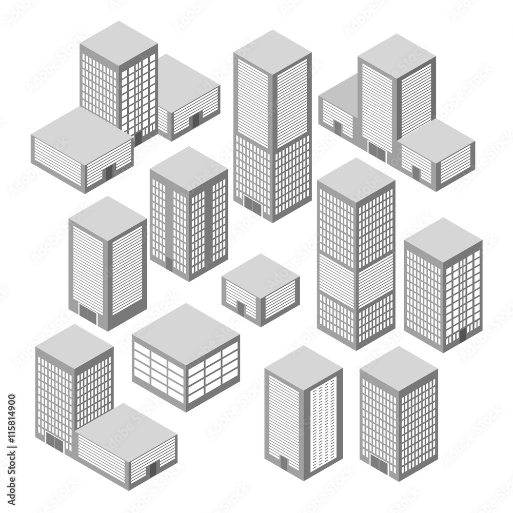 Isometric building. House icon. Set of high-rise buildings, multistorey blocks of flats, office block. Isometric building. House icon. Set of high-rise buildings, multistorey blocks of flats, office block.