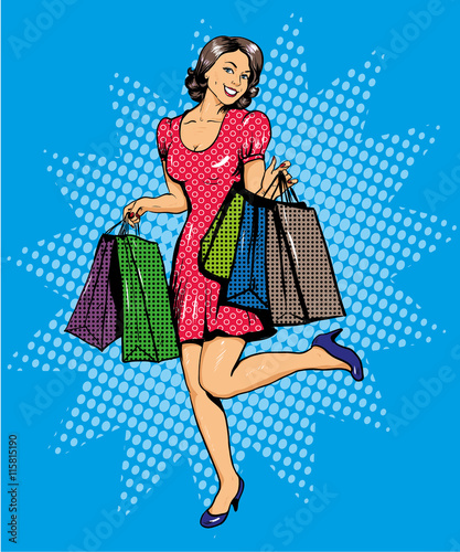 Woman with bags shopping. Vector illustration in comics pop art style. Special sale offers advertising poster