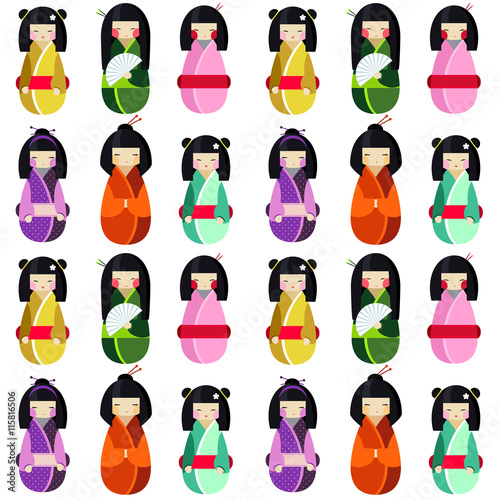 Vector seamless pattern with kokeshi dolls in different traditional japanese clothes. Collection of beautiful and cute women or girls toys