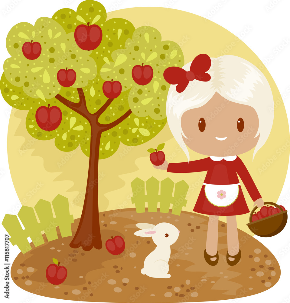 Fototapeta premium Little girl picking apples from apple tree