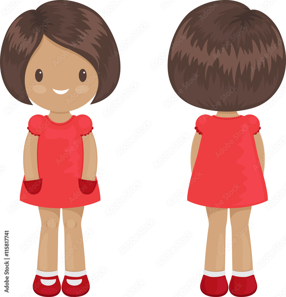 Little girl body template in a dress. Front and back over white Little girl body template in a dress. Front and back over white