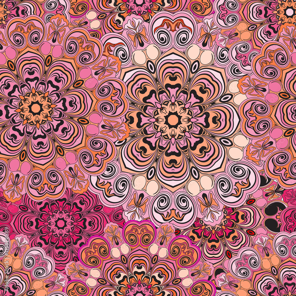 Seamless pattern in oriental style, colorful wrapping-paper with mandalas design. Floral motif or ethnic style serviette.