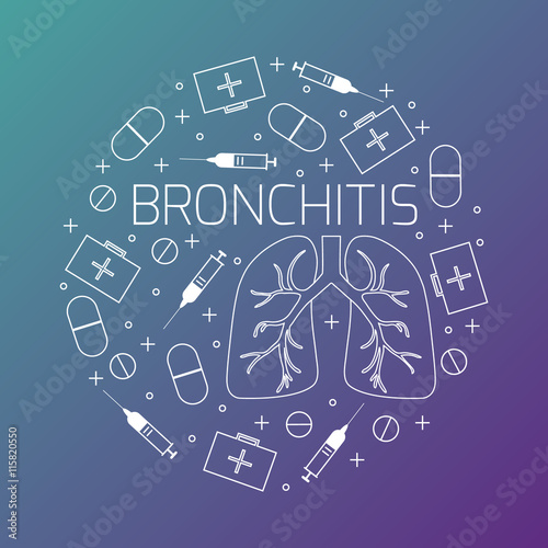 Bronchitis linear icon set. Bronchitis treatment symbols- pills, syringes and first aid boxes. Bronchitis awareness sign made in line style. Vector illustration.

