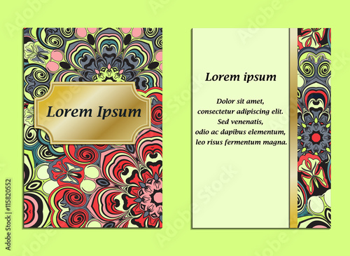 Colorful cover with pattern of mandala in oriental style. Card or brochure vintage design. Floral designed flyer, fron side and back side or frame.