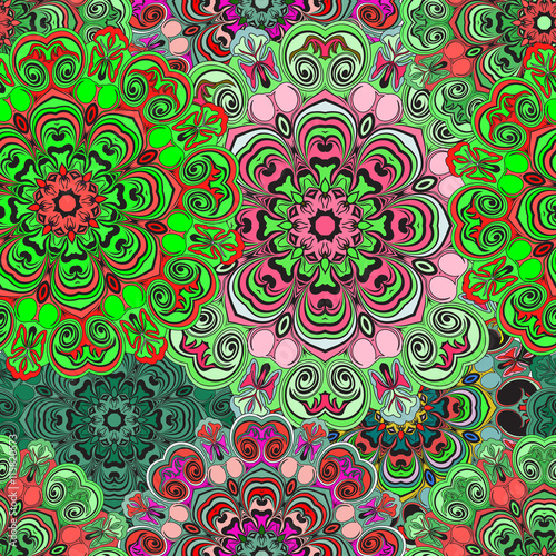 Seamless pattern in oriental style, colorful wrapping-paper with mandalas design. Floral cover or ethnic style textile.