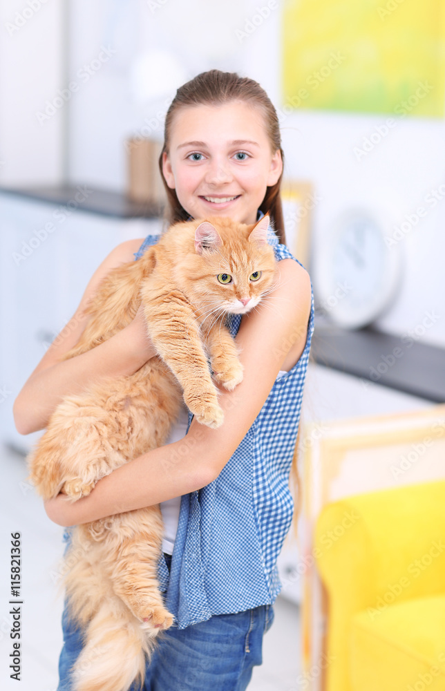 Beautiful girl with cute ginger cat Beautiful girl with cute ginger cat