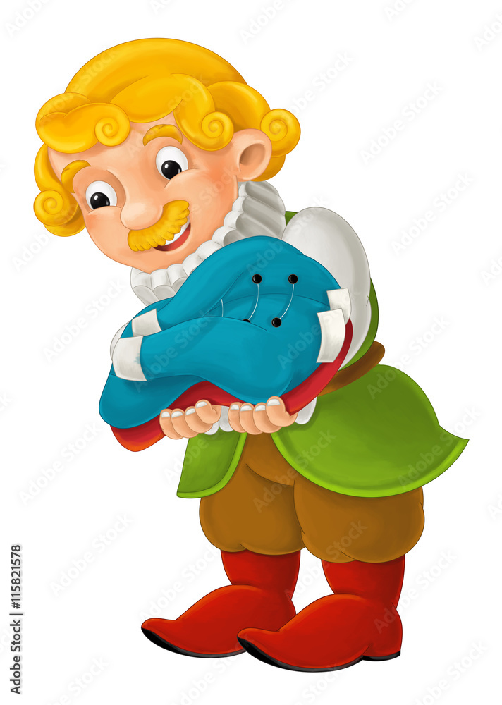 Fototapeta premium Beautifully colored cartoon character - young palace dweller - holding clothes for someone - isolated - illustration for children
