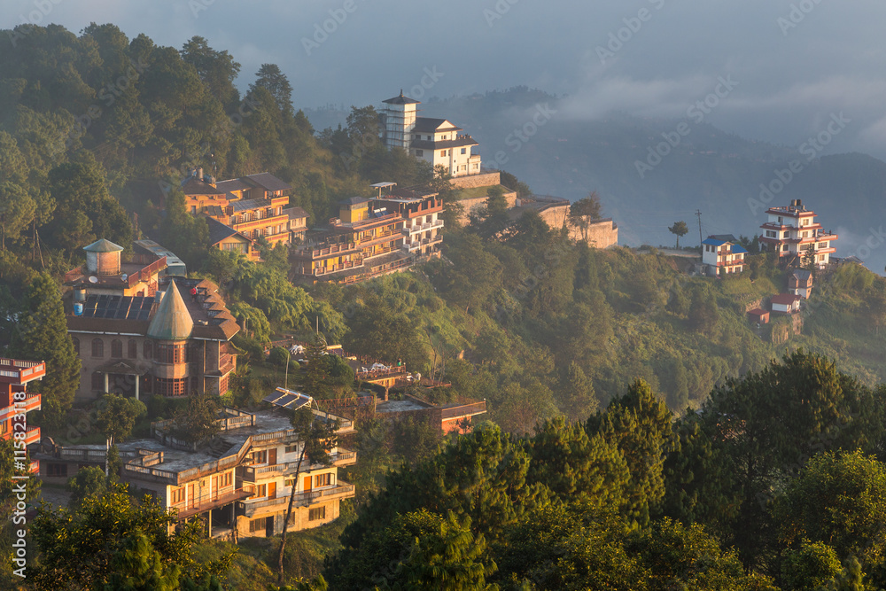 Warm sunrise at Nagarkot village. Nepal.