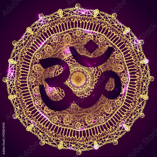 Vector oriental mandala with om symbol. Golden circle meditative yoga design, traditional indian style