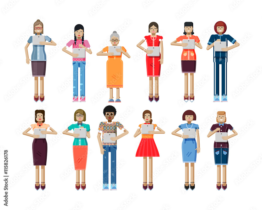 illustration isolated set of European, African-American women with laptop illustration isolated set of European, African-American women with laptop