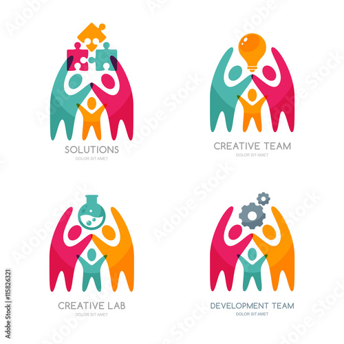 Set of vector human logo, icons or emblem. People with puzzle, light bulb, gear cog. Concept for business solutions, team building, consulting. Isolated color people and team work illustration. 