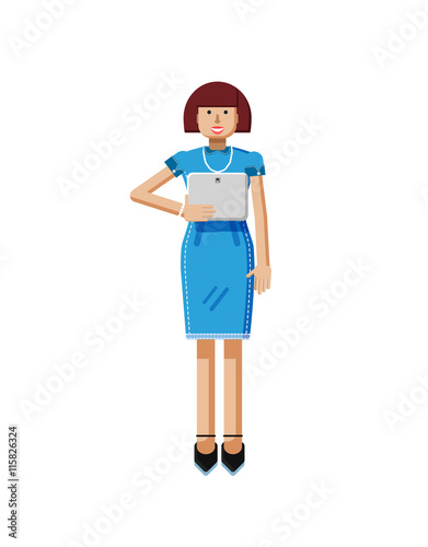 illustration isolated of European middle-aged woman, brown hair, blue dress, touche screen, with laptop