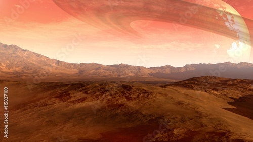 A Mars-like red planet with an arid landscape  rocky hills and mountains  and a giant moon at the horizon with Saturn-like rings  for space exploration and science fiction backgrounds.  