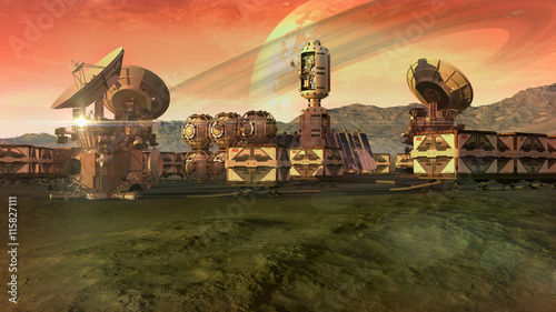 Scientific settlement on an arid planet with pods, crate containers and satellite dishes for planetary exploration backgrounds.