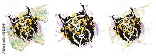 Grunge lynx head splashes. Tribal lynx head turn with colorful floral elements and tiger head inside. Three options