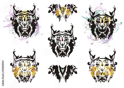 Lynx set splashes with floral elements. Tribal demonic lynx head symbols and butterfly form