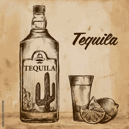 Bottle of tequila with lime and glass. painted by hand
