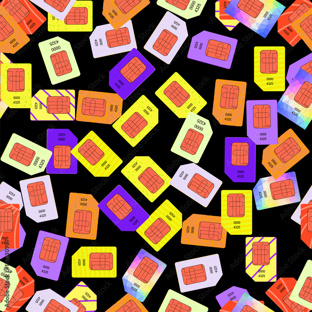 Fototapeta premium SIM Cards Seamless Pattern on Black Background.