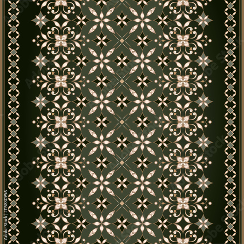 Decorative seamless golden border  in Eastern style  on dark green.