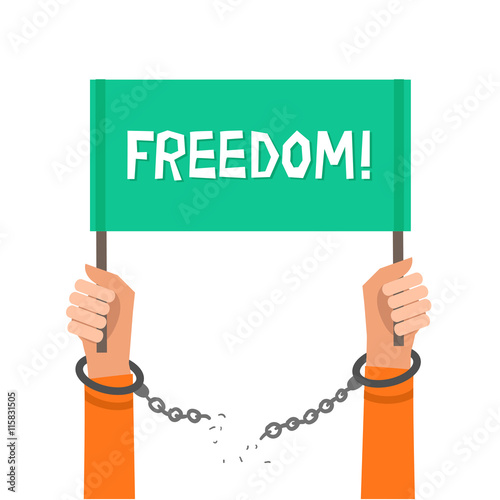 Male hands breaking steel handcuffs and holding Freedom placard. Colorful vector illustration in flat style