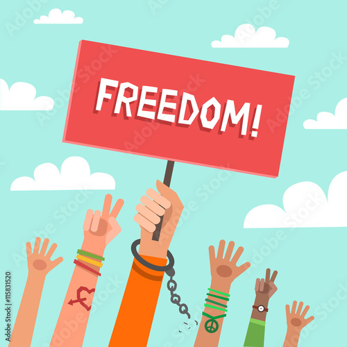 Colorful flat background with a lot of hands of young people on demonstration and placard for a text. Hand breaking steel handcuffs and holding Freedom placard.