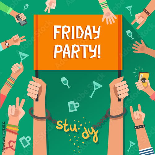 Friday party after studying. Student breaking the chain made of the "Study" word with a lot of hands of young people on background. Colorful vector illustration in flat style