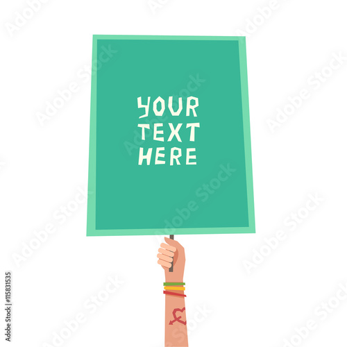 A hand with Love tattoo and colorful friendship bracelets holding a placard. Colorful background with hand and place for a text. Youth or Generation Y concept. Vector illustration un flat style
